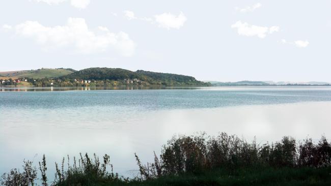 A view of the north-eastern bank of the reservoir (in the background – country cottages, a forest, and Kasova Mountain (Halytskyi NNP).