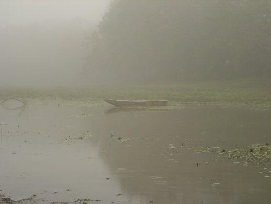 Misteriosa vista de una laguna al amanecer