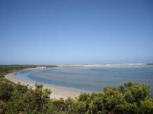 Glenelg River Estuary as viewed from the Beach Road lookout, the opening to the ocean can be seen at far right. 