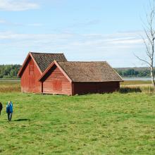 Old hay barns close to the lake Fläckesjön and its shore meadows.