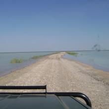 Causeway across Fischer's Pan flooded by exceptionally high water levels.
