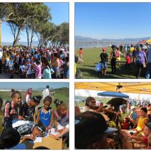 Top Left: Start of the 2014 ‘Birdathon’ Fun Family Walk on Zeekoevlei’s Eastern Shore 
Top Right: The ‘Birdathon’ Festival at the central picnic area of Zeekoevlei’s Eastern Shore
Bottom Left: Participants at one on the Quiz stations on the 2014 Fun Walk; 
Bottom Right: Eagle Encounters’ education d