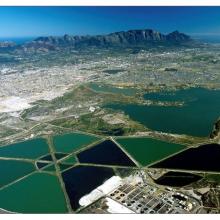 Oblique view of the False Bay Nature Reserve looking north-westwards towards the city. The Strandfontein Birding Area is in the foreground, Zeekoevlei in the middle right and Rondevlei, middle left.