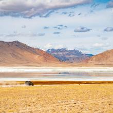 A car passes along the road next to Tso Kar, leading to the village of Thukje.