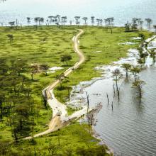 aerial view Lake nakuru showing submerged roads after lake water level rise